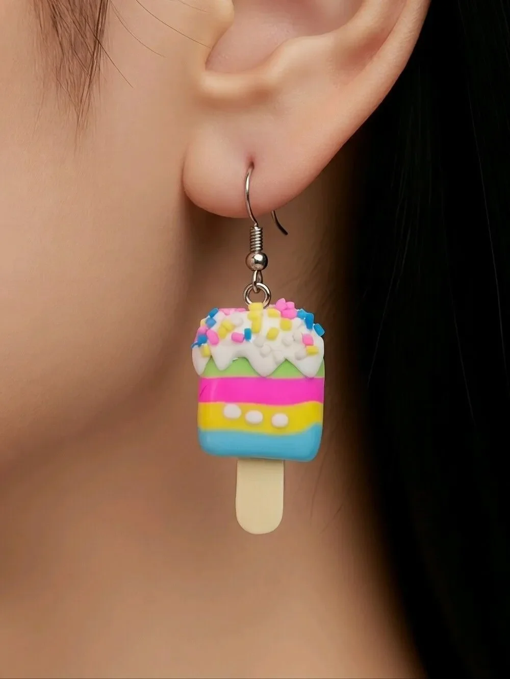 Rainbow Sherbet Ice Cream Popsicle Earrings – Sprinkle Dangles Statement Cute